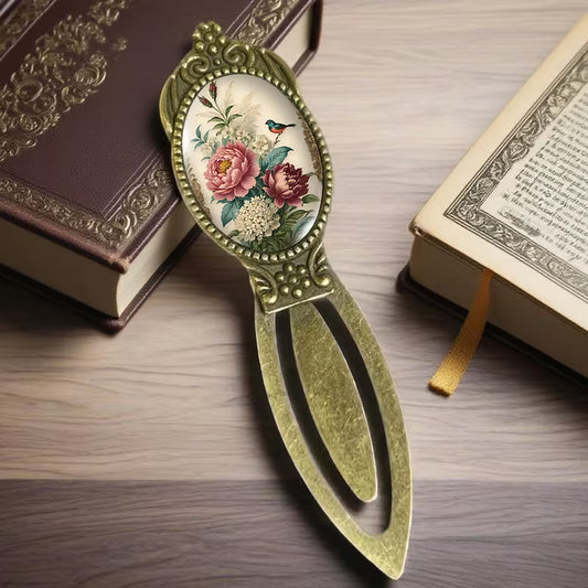 Marcapáginas de Metal Estilo Victoriano con Camafeo de Ave y Flores Vintage