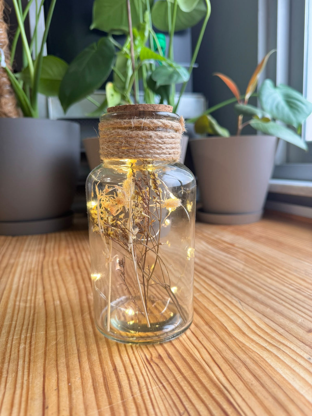 Frasco Decorativo con Flores Secas y Luces LED – Ambiente Cálido y Natural